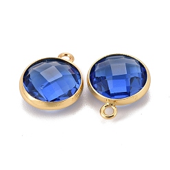 Mixed Color Glass Charms, with Real 18k Gold Plated Brass Findings, Long-Lasting Plated, Lead Free & Nickel Free & Cadmium Free, Faceted Flat Round, Mixed Color, 9x7x3mm, Hole: 1mm