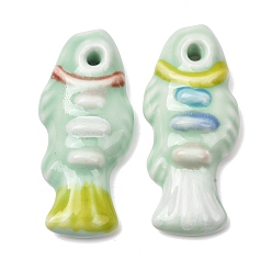Light Green Handmade Porcelain Big Pendants, Hand Painted, Famille Rose Porcelain, Fish Charms, Light Green, 65x29x11mm, Hole: 4.5mm