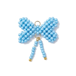 Небесно-голубой Подвески-бантики из стеклянных бус, с латунными и 304 нержавеющими соединительными кольцами, голубой, 28x26.5x4.5 мм