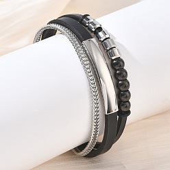 Negro Pulseras multihilo de cordón de cuero de microfibra, 304 Pulseras de acero inoxidable para mujeres y hombres, con cierres magnéticos, negro, 8.35 pulgada (21.2 cm)