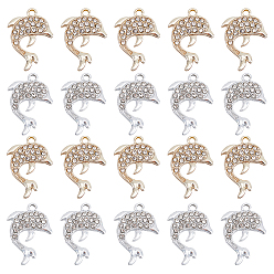 Платиновый & Золотой 40 шт. 2 цвета сплава, подвески со стразами и кристаллами, прелести дельфинов, платиной и золотом, 25.5x18x2.6 мм, отверстие : 2 мм, 20 шт / цвет