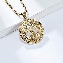 Золотой 304 плоские круглые ожерелья из нержавеющей стали с подвеской в виде дерева жизни, золотые, 23.62 дюйм (60 см)