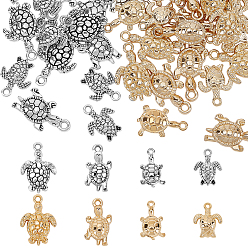 Античный Серебристый & Золотой 128 шт 8 стили подвески из цинкового сплава в тибетском стиле, Морская черепаха, старинное серебро & золотой, 15~22.5x11.5~16x2~4 мм, отверстие : 1.2~2 мм, 16 шт / стиль