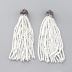 White Glass Seed Beads Tassel Big Pendant Decorations, with Brass Polymer Clay Rhinestone Findings, White, 85~97x12~13mm, Hole: 2.5mm
