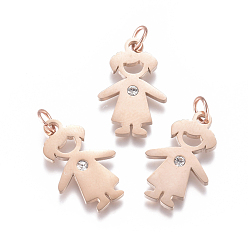 Розовый Позолоченный 316 хирургические подвески из нержавеющей стали, с микропаве и фианитом, долговечный, девушка, прозрачные, Настоящее розовое золото покрыто, 19x12.5x2 мм, отверстие: 3.5 мм