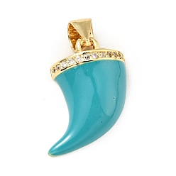 Светлый Морско-зеленый Кулоны с эмалью из латуни с прозрачным кубическим цирконием, без кадмия и без свинца, реальный 18 k позолоченный, ножны / форма клыка, светло-зеленый, 16x13x5 мм, отверстие : 3.5x5.5 мм