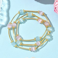 Pink Многорядные браслеты из круглых бусин кошачий глаз для женщин, с латунной бисера, розовые, внутренний диаметр: 2 дюйм (5.2 см)