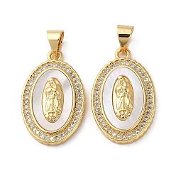 Real 18K Gold Plated Brass Micro Pave Cubic Zirconia Pendants, Cadmium Free & Lead Free, with Shell, Oval, Real 18K Gold Plated, 22.5x14x3.5mm, Hole: 5.5x4mm