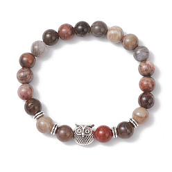 Сова Круглые эластичные браслеты из натурального окаменевшего дерева, Бисерные украшения из сплава в тибетском стиле для унисекс, сова, бусина : 8.5~9 mm, внутренний диаметр: 2-1/8 дюйм (5.5 см)