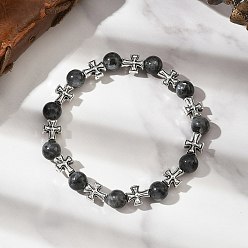 Larvikite Браслеты из натуральных круглых бусин ларвикита, браслеты из сплава крест-накрест для мужчин и женщин, античное серебро, внутренний диаметр: 2-1/4 дюйм (5.75 см)