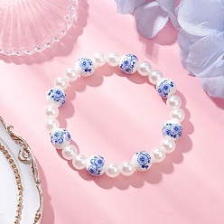 Светло-Синий АБС-пластик имитация жемчуга круглые бусины эластичные браслеты для женщин, с фарфоровыми керамическими бусинами ручной работы с цветочным принтом, голубой, внутренний диаметр: 2 дюйм (5.15 см)