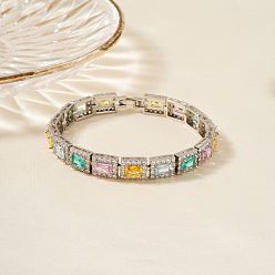 Разноцветный Элегантные латунные прямоугольные звенья цепи браслеты для женщин кубический цирконий, со стразами, красочный, 7-1/8 дюйм (18 см), ссылка: 60x40 mm