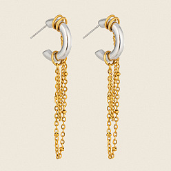 Real Gold Plated & Stainless Steel Color 304 Stainless Steel Tassel Stud Earrings for Women, Half Hoop Earrings, Real Gold Plated & Stainless Steel Color, 64mm
