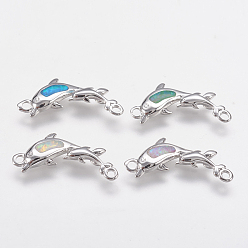 Gemischte Farbe Messingverbinder Stecker, mit synthetischen Opal, Delphin, Platin Farbe, Gemischte Farbe, 18x8x2 mm, Bohrung: 1 mm