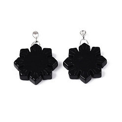 Обсидиан Природные подвески обсидиана, подвески-снежинки с дужками из нержавеющей стали, цвет нержавеющей стали, 36~38x30x6.5~7.5 мм, отверстие : 3~4x4.5~5 мм