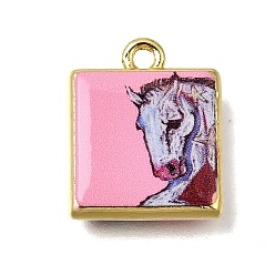 Golden Printed Brass Pendants, Square with Horse Charms, Pink, Golden, 17.5x15x4mm, Hole: 1.8mm