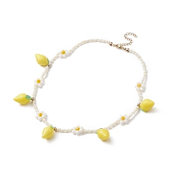 Yellow Resin Lemon Pendant Necklace with Glass Beaded Flower Chains for Women, Yellow, 16.26  inch(41.3cm)