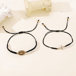 Черный 2шт. браслеты из сплава со стразами для женщин, регулируемые плетеные браслеты с Девой Марией и крестом, чёрные, внутренний диаметр: 2-3/8 дюйм (6 см)