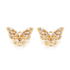 Настоящее золото 18K Латунные подвески-звенья/соединители с прозрачными кубическими циркониями, бабочка, без никеля , реальный 18 k позолоченный, 10x13x3.5 мм, отверстие : 1.2 мм