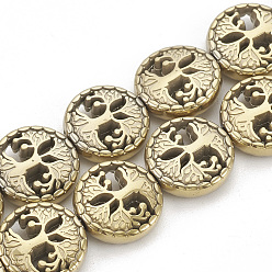 Светло-Золотое Покрытие Гальванизировать немагнитных синтетический гематит бисер пряди, плоские круглые с дерева жизни, свет позолоченные, 12~12.5x4~4.5 мм, отверстие : 1 мм, около 30 шт / нитка, 14.56 дюйм
