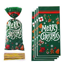 Темно-Зеленый 50 шт. Счастливого Рождества с напечатанным OPP целлофановым упаковочным пакетом с проволочными завязками, прямоугольные, темно-зеленый, 27.6x12.4x0.01 см