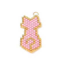 Pink Подвески ручной работы из стеклянных бусин в форме кошки, с золотыми 304 кольцами из нержавеющей стали, розовые, 27x15x1.5 мм, отверстие : 3 мм