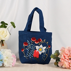 Prussian Blue DIY Flower Pattern Handbag Embroidery Bag Kits, Including Embroidery Cloth & Thread, Needle, Embroidery Hoop, Instruction Sheet, Prussian Blue, 200mm