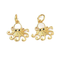 Осьминог Латунные микро проложить кубического циркония прелести, с естественной оболочке, без свинца и без кадмия, стойки покрытие, долговечный, реальный 18 k позолоченный, осьминог, 12x12x2 мм, Перейти кольцо: 5x0.7 мм, внутренний диаметр: 3.5 мм