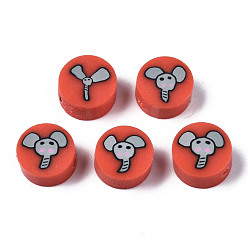 Red Handmade Polymer Clay Beads, for DIY Jewelry Crafts Supplies, Flat Round with Elephant, Red, 9~9.5x3.5~5mm, Hole: 1.6mm