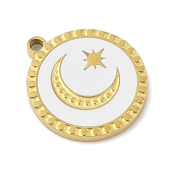 Белый 304 нержавеющей стальной эмали подвески, лазерная резка, плоская круглая с подвеской в виде лунной звезды, реальный 18 k позолоченный, белые, 16.5x15x1.5 мм, отверстие : 1.4 мм