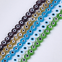 Mixed Color Handmade Evil Eye Lampwork Beads Strands, Flat Round, Mixed Color, 6x2.5mm, Hole: 1mm, about 64~65pcs/strand, 14.1 inch~14.5 inch