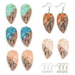 (52) Непрозрачная лаванда Наборы для изготовления сережек diy, в том числе подвески из смолы и ореха, Латунные крючки для сережек, Перейти латунные, лист, разноцветные, подвески: 38x20x3 мм, отверстие : 2 мм, 5 цветов, 2 шт / цвет, 10 шт / коробка