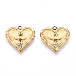 Настоящее золото 14K 304 подвески из нержавеющей стали, со стразами, сердце, реальный 14 k позолоченный, 16x16.5x2 мм, отверстие : 1.5 мм