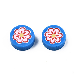 Dodger Blue Handmade Polymer Clay Beads, Flat Round with Flower, Dodger Blue, 9~10x4~4.5mm, Hole: 1.2~1.8mm