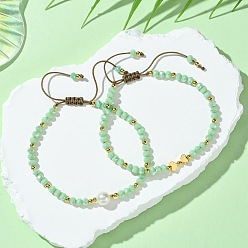 Dark Turquoise 2Pcs Glass Beads Beaded Bracelet Sets, Adjustable Brass Bead Bracelets, Dark Turquoise, Inner Diameter: 2-1/8~3-1/2 inch(5.3~9cm), 2pcs/set
