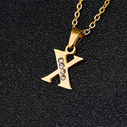 Letter X 201 ожерелья с подвесками из нержавеющей стали и стразами, золотые, Письмо X, 17.72 дюйм (45 см), Кулон : 17x13 мм