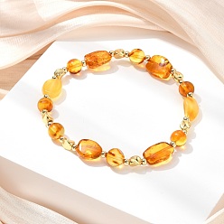 Янтарный Эластичные браслеты из натурального янтаря и латунных бусин для женщин и мужчин, самородок и круглый, реальный 14 k позолоченный, внутренний диаметр: 2.36 дюйм (6 см)