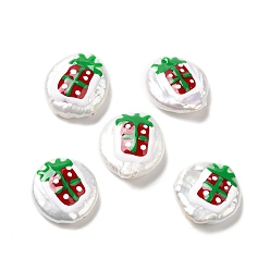 Box Baroque Style Natural Keshi Pearl Beads, Hand Painted Beads, Christmas Theme Beads with Enamel, Flat Round, Seashell Color, Box, 17~20x15~17x4~7mm, Hole: 0.7mm