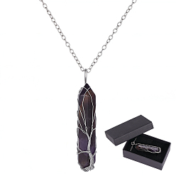 Amethyst 1Pc Natural Amethyst Bullet Macrame Pouch Pendant Alloy Chain Necklaces, with Paper Jewelry Gift Packing Boxes and Raffia Crinkle Cut Paper Shred Filler, Platinum, 20.87 inch(53cm)