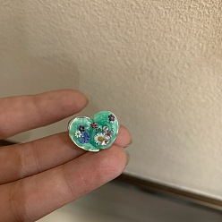 Cyan Brass Rhinestone Finger Rings, with Enamel, Heart with Flower, Cyan, 15~20mm