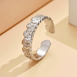 Stainless Steel Color 304 Stainless Steel Cuff Open Rings for Women, Flower, Stainless Steel Color, 17mm