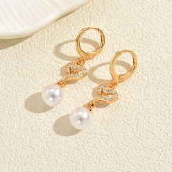 Сердце Латунь Leverback серьги, с имитацией жемчуга, реальный 18 k позолоченный, сердце, 35 мм