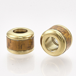 (932FM) Темно-синий аква-матовый с подкладкой 304 из нержавеющей стали европейские шарики, с волокном, бусины с большим отверстием, колонна с рисунком плетения корзин, золотые, темно-золотистые, 10x8 мм, отверстие : 5 мм