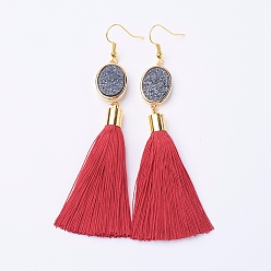 FireBrick Ice Silk Thread Tassel Dangle Earrings, with Electroplated Natural Druzy Quartz Crystal and Brass Earring Hooks, Golden, FireBrick, 98mm, Pin: 0.6mmg, Pendant: 80x14x7mm