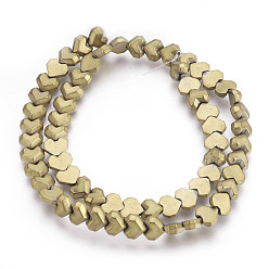 Light Gold Plated Electroplated Non-magnetic Synthetic Hematite Beads Strands, Frosted, Heart, Light Gold Plated, 8x7x3mm, Hole: 0.8mm, about 65pcs/strand, 15.94 inch(40.5cm)