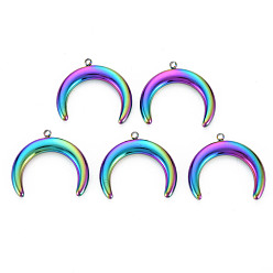 Rainbow Color 201 Stainless Steel Pendants, Double Horn/Crescent Moon Pendant, Moon, Rainbow Color, 21x23.5x3.5mm, Hole: 1.4mm