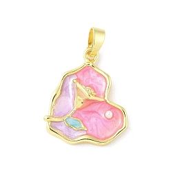 Сердце Латунь эмаль подвески, с абс пластмассовой имитационной жемчужиной, долговечный, без кадмия и без свинца, стойки покрытие, реальный 18 k позолоченный, цветок, сердце, 25.5x21.5x8.5 мм, отверстие : 6.4x3 мм