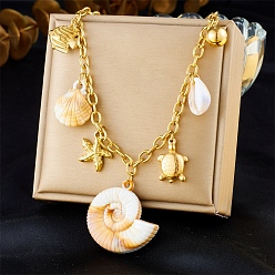 Золотой 304 Женские подвески в форме ракушки из нержавеющей стали с подвесками в виде морской звезды, с синтетической оболочкой, золотые, 16.22 дюйм (41.2 см)