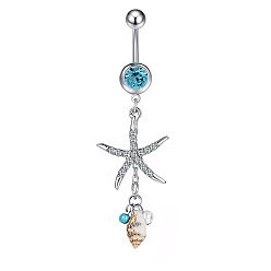 Темно-Голубой 304 Кольца для живота в форме изогнутой штанги из нержавеющей стали с кубическим цирконием, пластиковым жемчугом и натуральными ракушками в виде морской звезды, цвет нержавеющей стали, глубокое синее небо, 60 мм