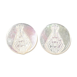 Кремово-белый Резные кабошоны из натуральной белой ракушки, плоско-круглые, кремово-белые, 15x2~3 мм